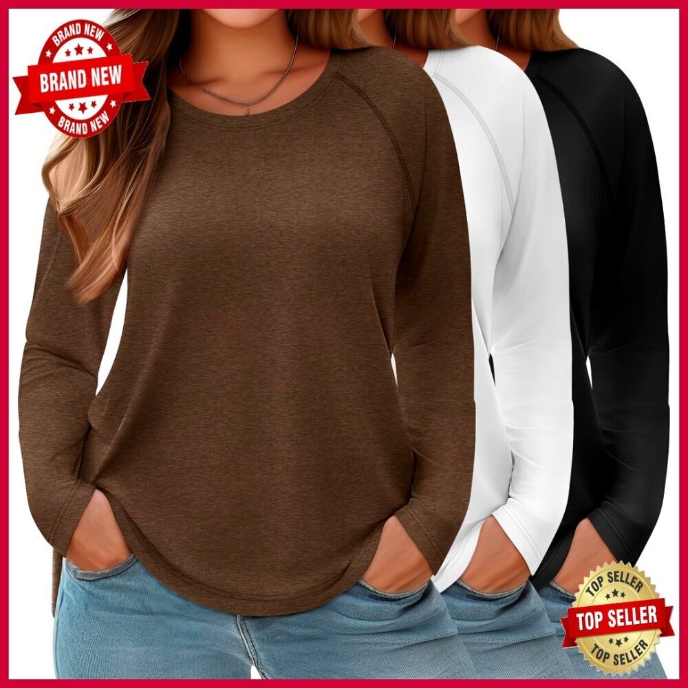 Plus Size Long Sleeve Tunic Tops Raglan Sleeves Curved Hem Casual Basic Tee 3